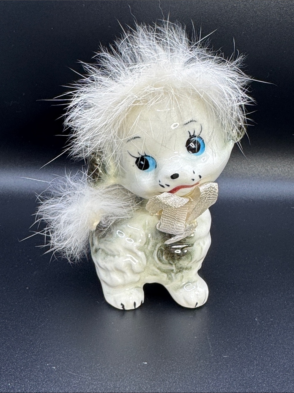Vintage Mid Century Japan Ceramic Fur Poodle Figurine Big Eye Kitsch